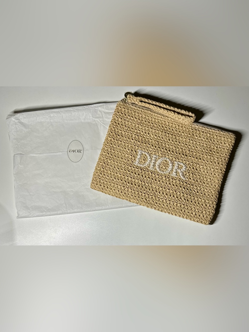 Dior Beige Woven Raffia Wristlet Pouch NWT GWP